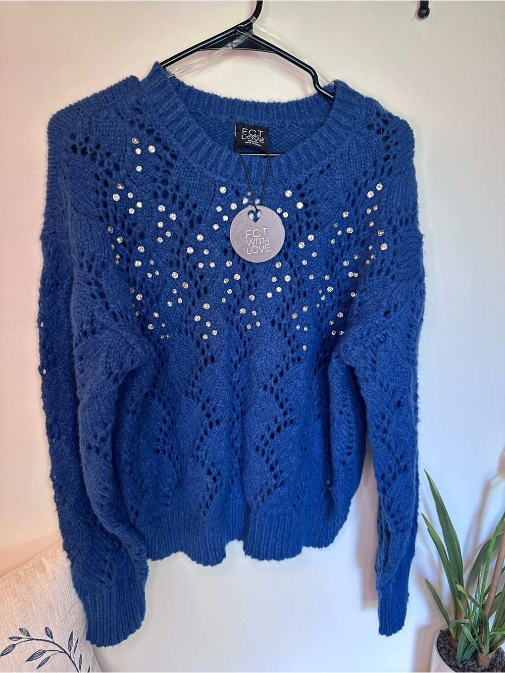 NWT FCT With Love Blue Embellished Open-Knit Crewneck Sweater